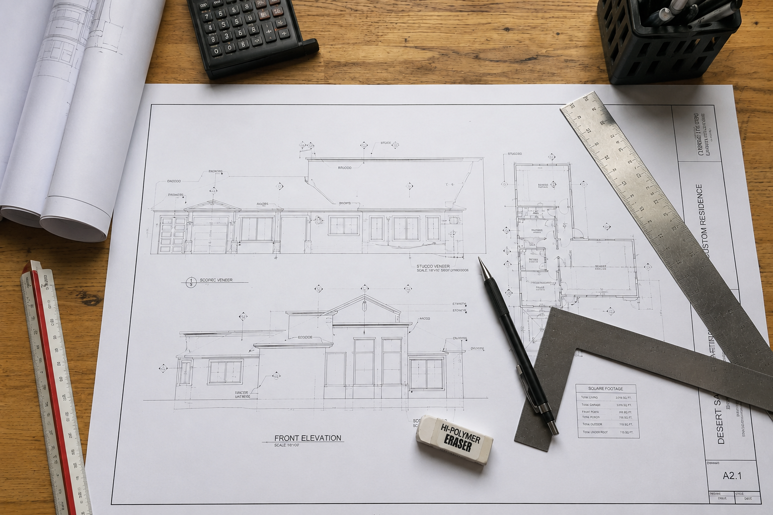 Residential construction drawings on drafting desk